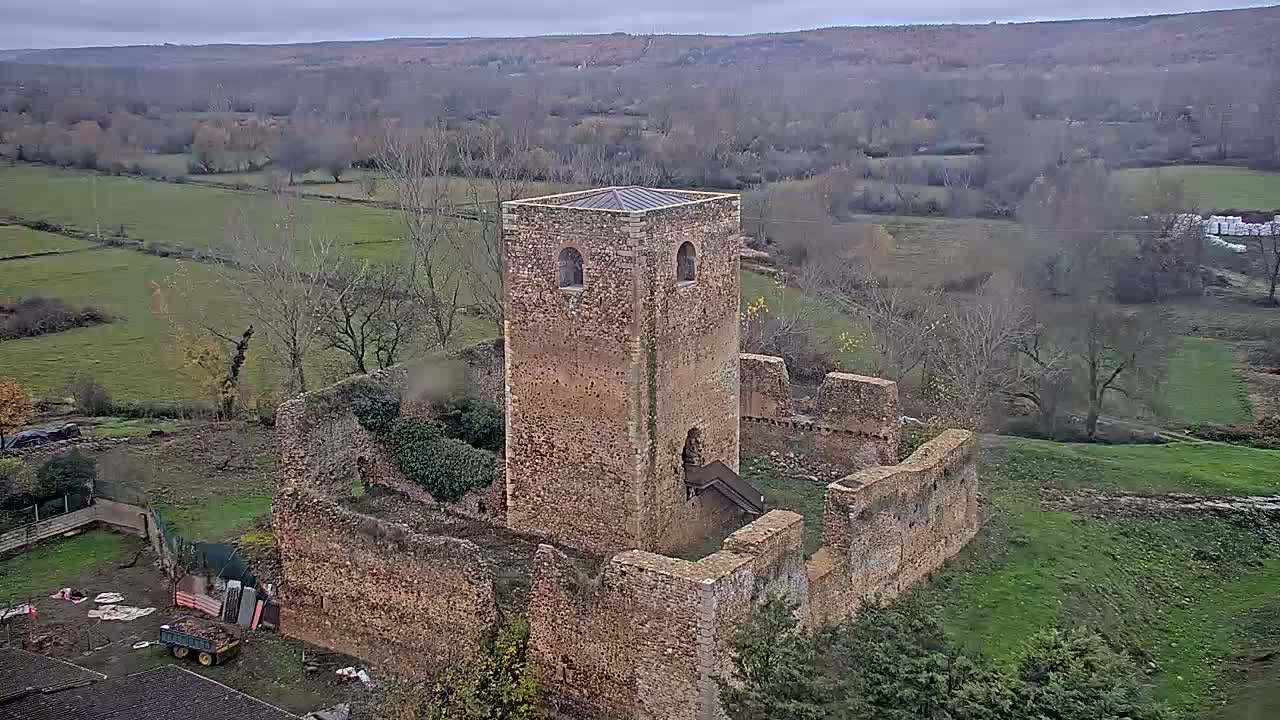 A stone tower with a modern roof and surrounding ruins sits amidst green fields and bare trees, with distant wooded hills under a cloudy, grey sky.