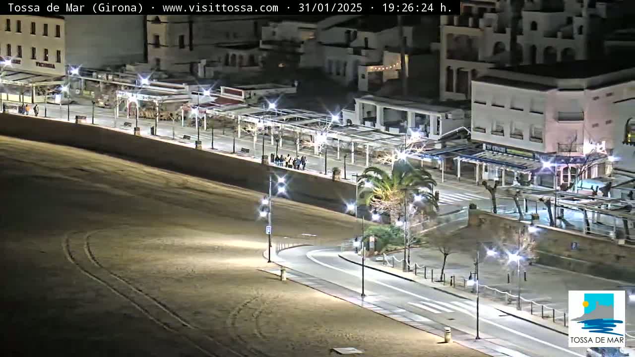 A nighttime, high-angle view of a beachside town with a sandy beach, a paved walkway, and buildings illuminated by streetlights.