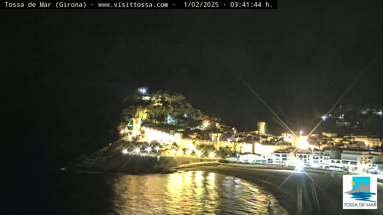 A nighttime view of a coastal town with a walled castle, illuminated buildings, and a beach reflecting the lights in calm water.