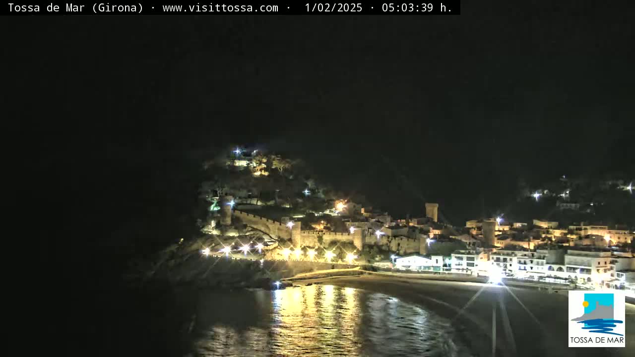 A nighttime view of a coastal town with a walled castle, illuminated by lights, reflecting on calm water.