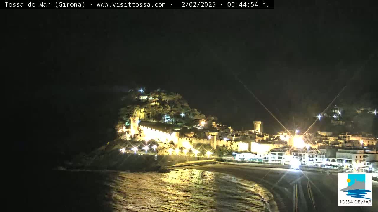 A nighttime coastal town with a walled castle, illuminated buildings, and a dark, calm sea.