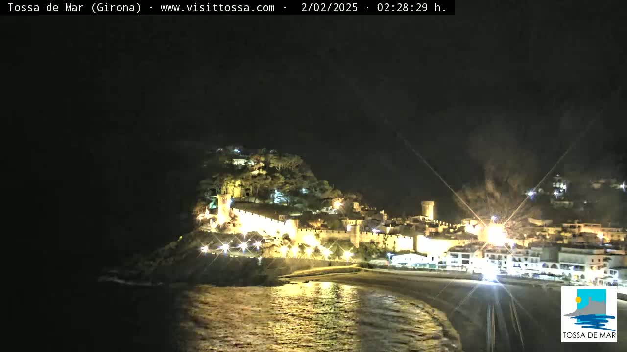 A nighttime view of a coastal town with a walled fortress illuminated on a hill overlooking a dark beach and calm water.