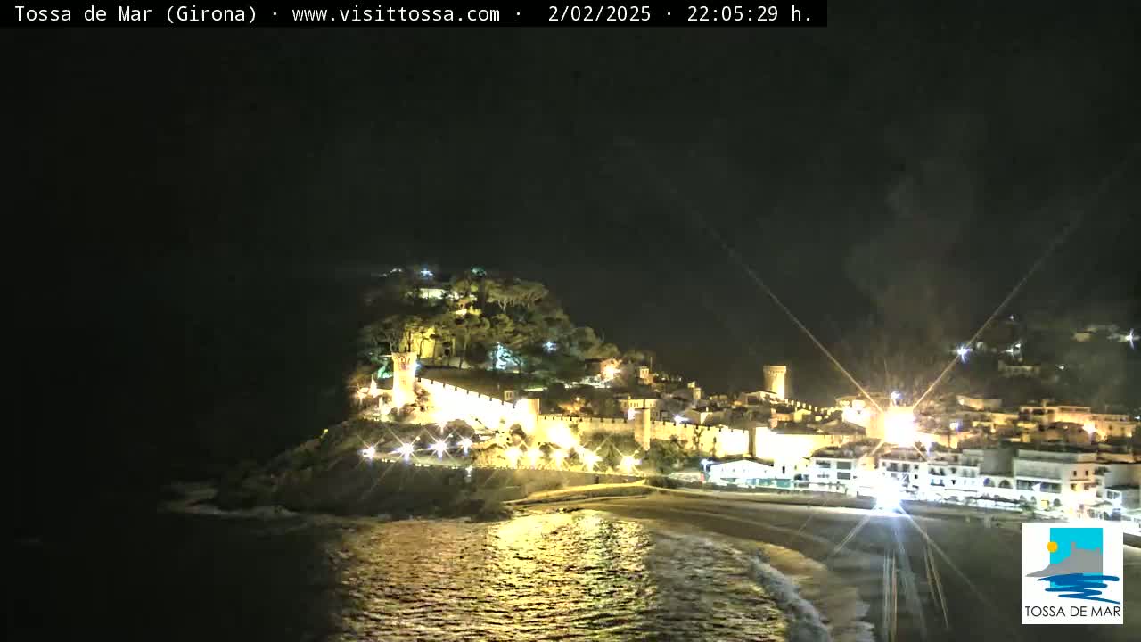 A nighttime, coastal scene shows a town illuminated on a hill overlooking a beach and ocean with gentle waves.