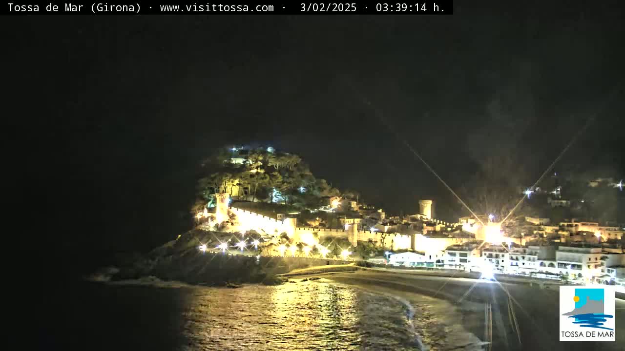 A nighttime coastal scene shows a hilltop town illuminated with lights, situated next to a dark beach and calm water under a clear, dark sky.