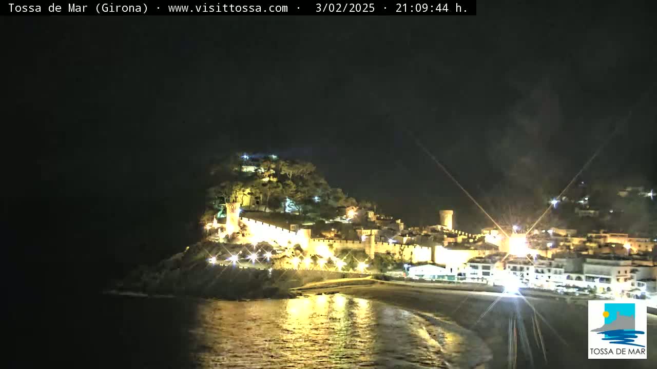A nighttime view of a coastal town with a walled fortress illuminated on a hill overlooking a dark, calm body of water.