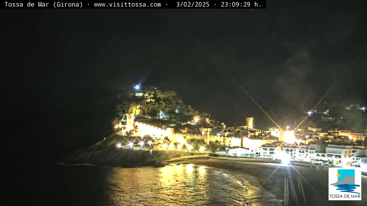 A nighttime view of a coastal town, illuminated with lights, situated on a hill overlooking a calm body of water.