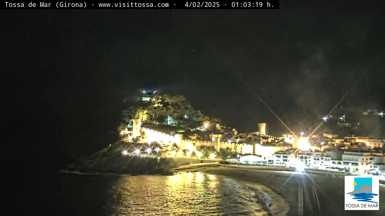 A nighttime, coastal scene shows a town with illuminated walls and buildings situated on a hill overlooking a dark, calm body of water and a beach.
