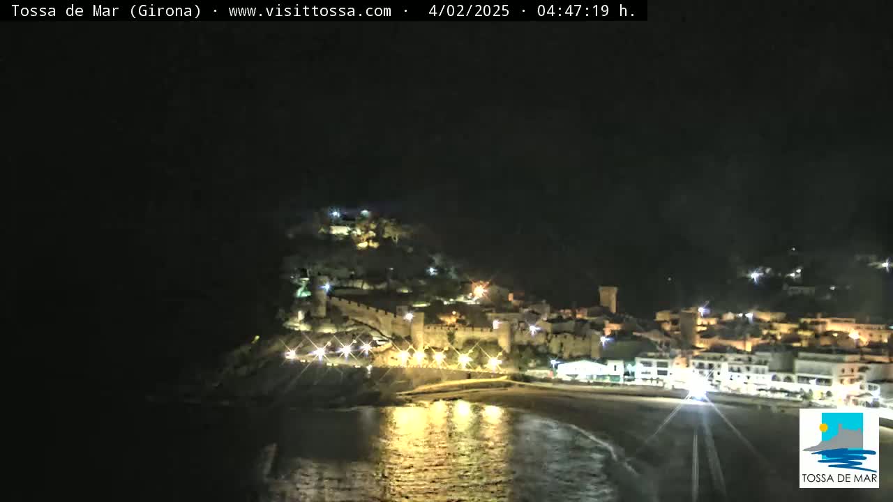 A nighttime view of a coastal town with a castle illuminated on a hill overlooking a calm, dark-water beach.