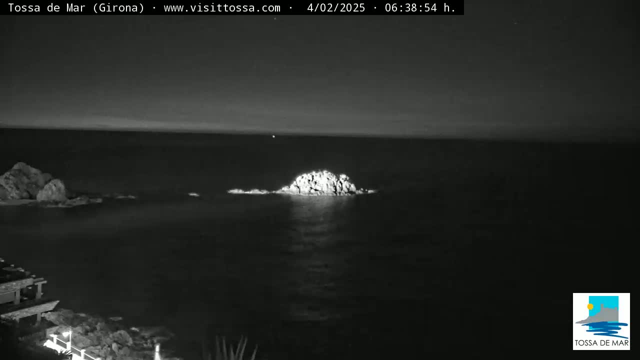 A nighttime, black and white view of a rocky outcropping in the sea, with calm water and a dark sky.