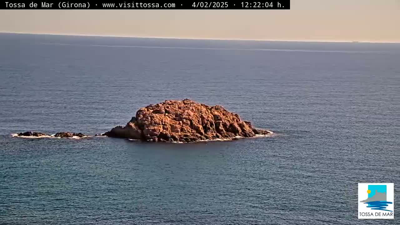 A small, rocky island sits in calm, blue ocean water under a clear sky.