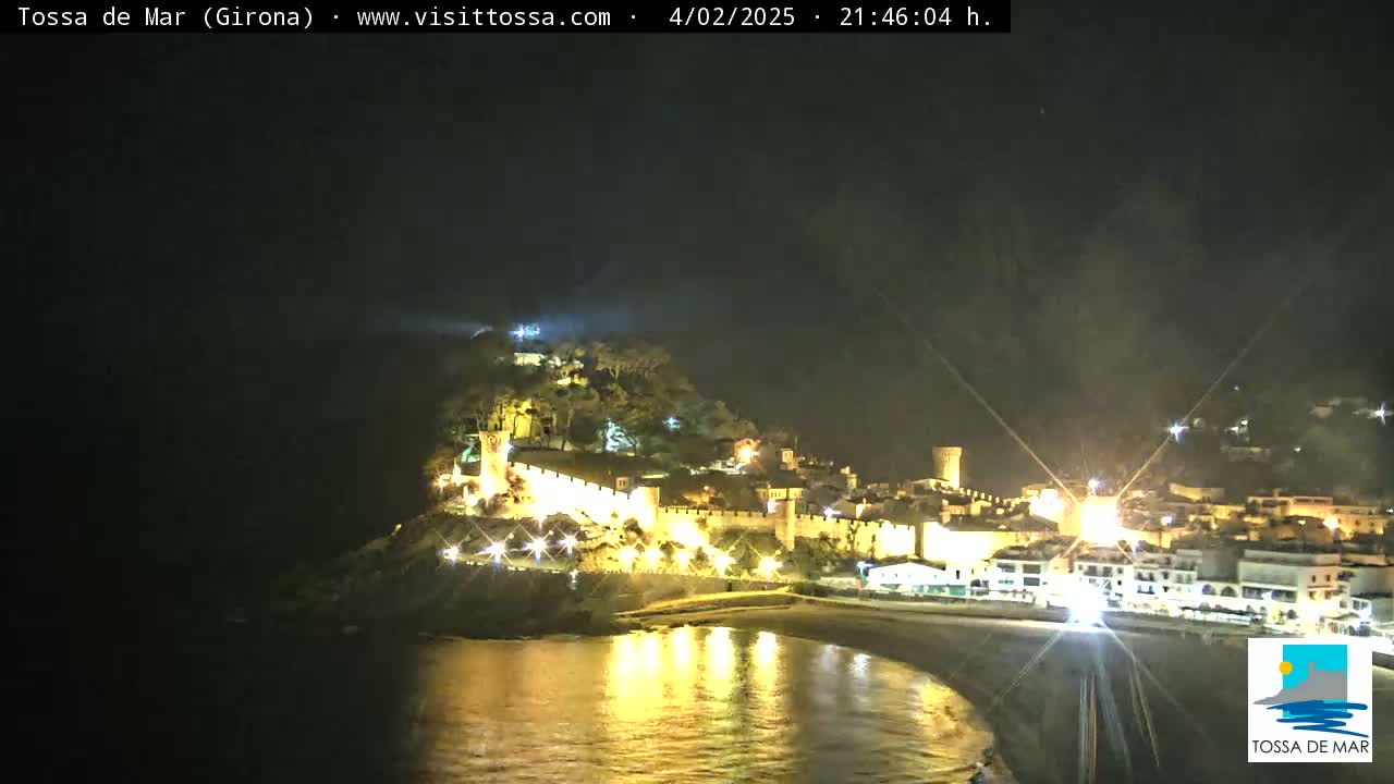 A nighttime coastal town, illuminated with lights, sits on a hill overlooking a calm bay under a clear, dark sky.