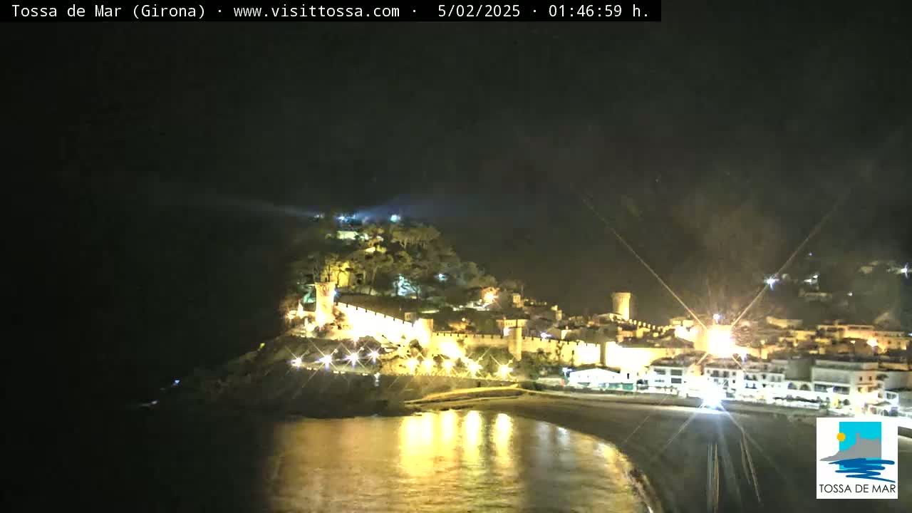 A nighttime view of a coastal town with a walled castle, illuminated by lights, overlooking a calm body of water.