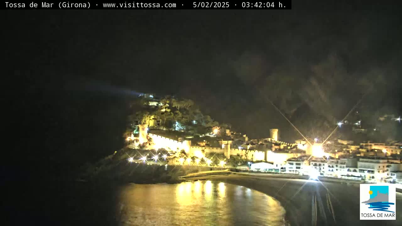 A nighttime coastal town with a walled section on a hill is illuminated, its lights reflecting on dark water.