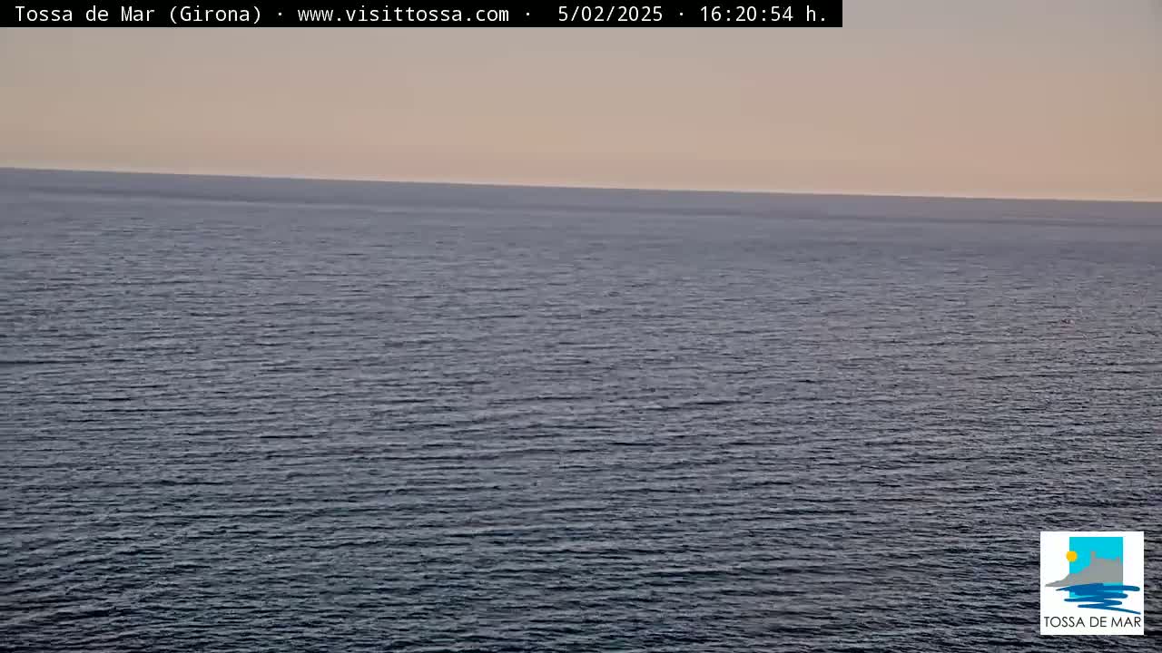 A calm, dark-blue sea stretches to a pale, pinkish horizon under a clear sky.