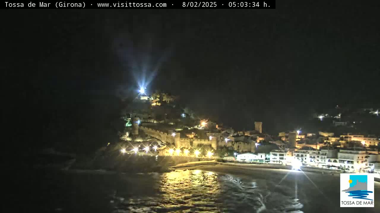 A coastal town at night, illuminated with lights, sits on a hill overlooking a dark ocean with gentle waves.
