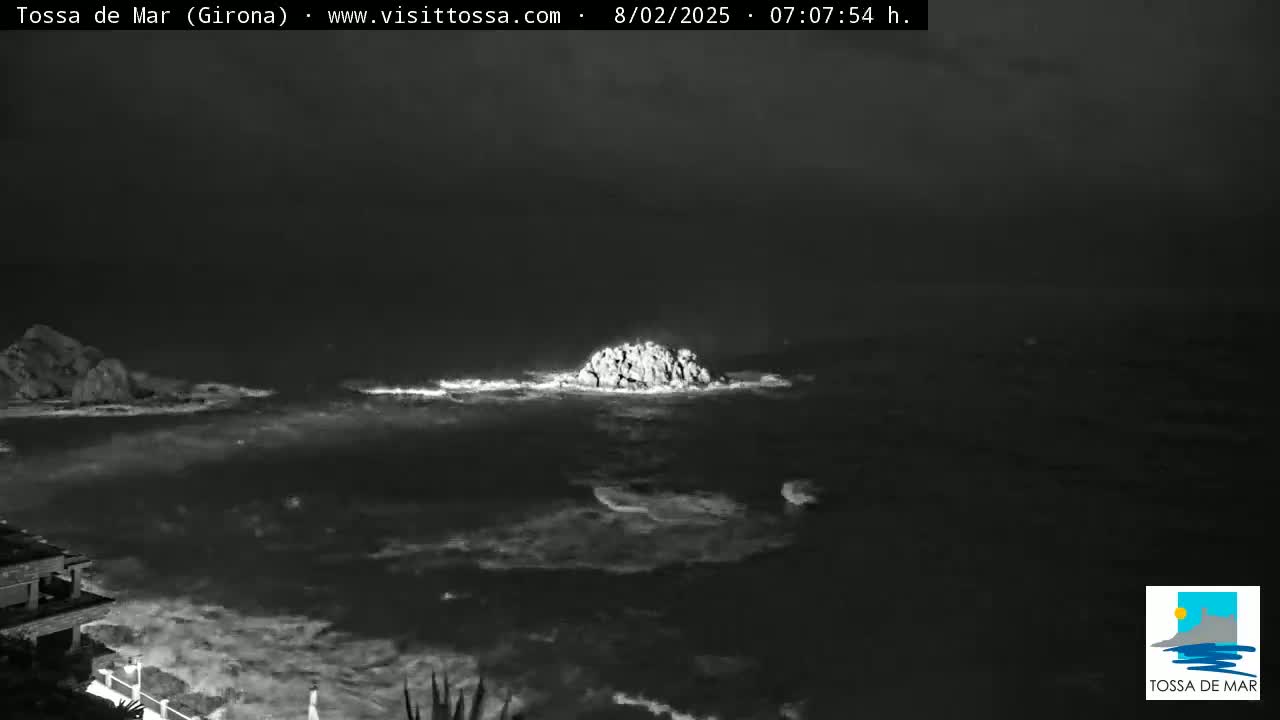 A nighttime, black-and-white view of a rocky island in a choppy sea.