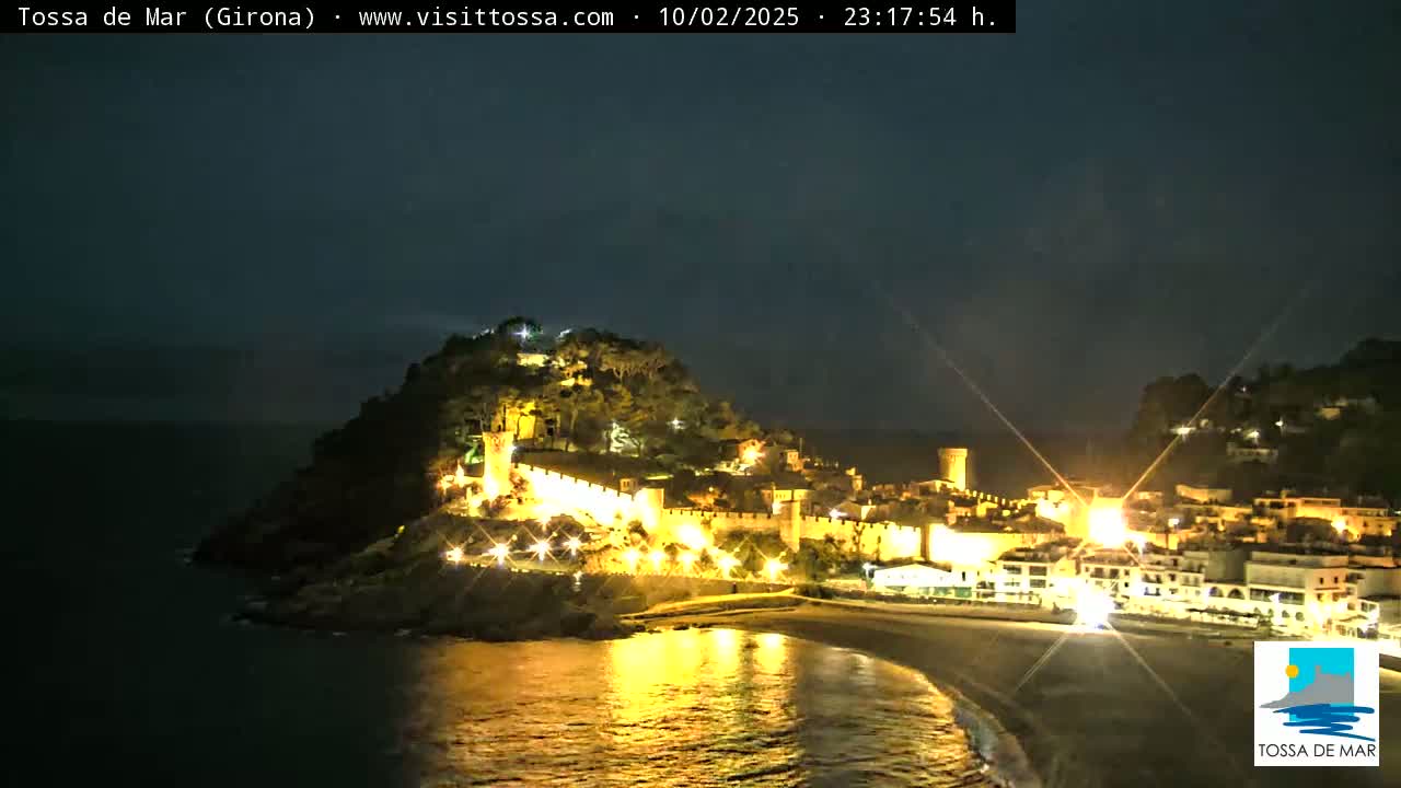A nighttime coastal town is brightly lit, nestled against a dark hill overlooking a calm, dark sea.
