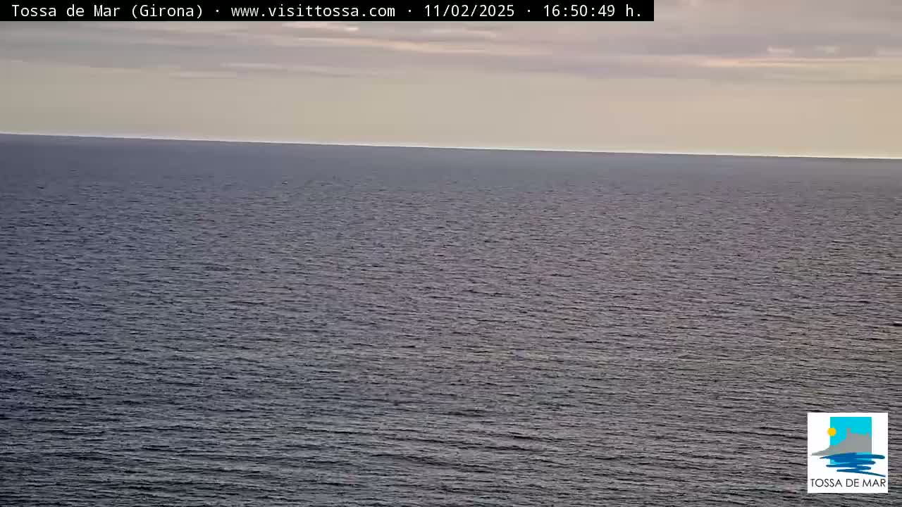 A calm, dark-blue ocean stretches to a pale, cloudy sky on a somewhat overcast day.