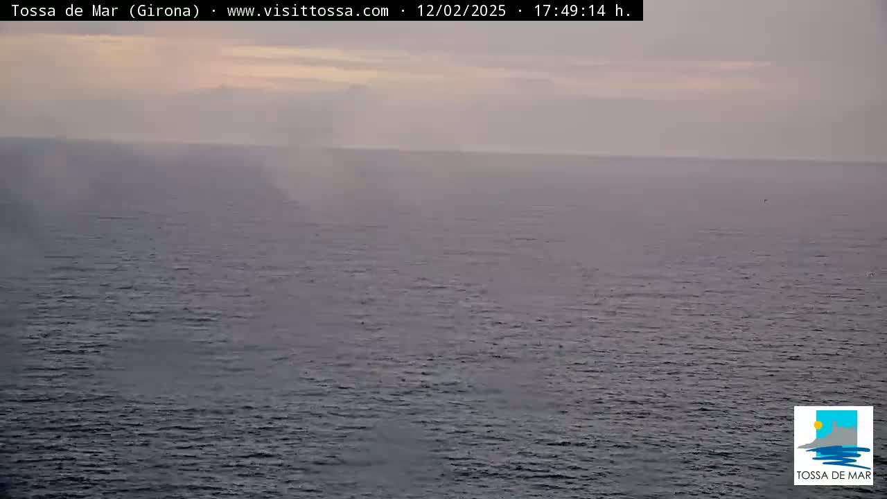 A hazy, calm sea stretches to a pale horizon under a muted sky.