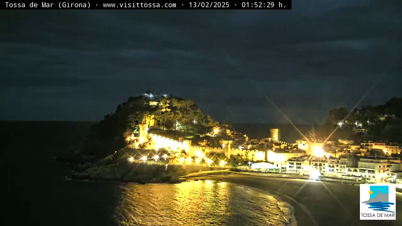 A nighttime coastal town, illuminated, sits on a hill overlooking a dark ocean under a mostly clear sky.