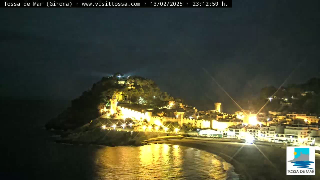 A nighttime coastal town with a hilltop castle is brightly lit, overlooking a dark beach and calm sea under a dark sky.