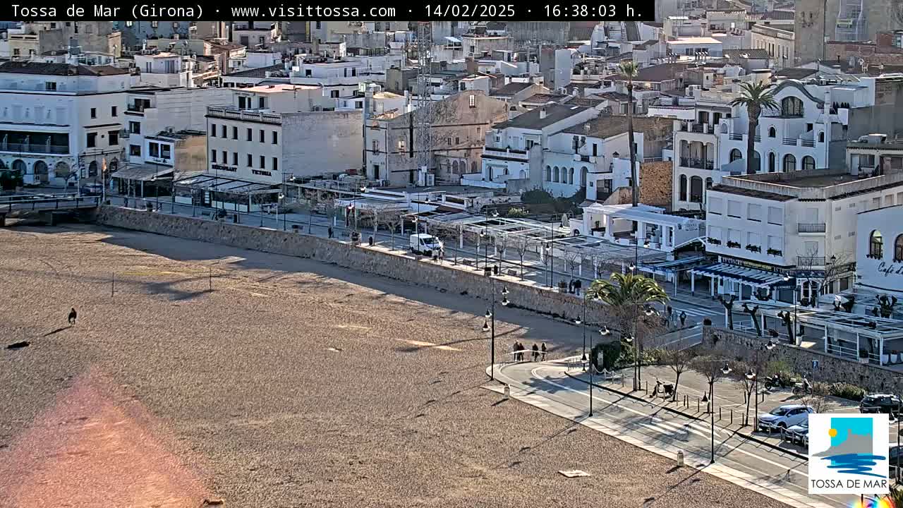 A sunny day reveals a beach and seaside town with white buildings, palm trees, and a few people strolling along the paved walkway.