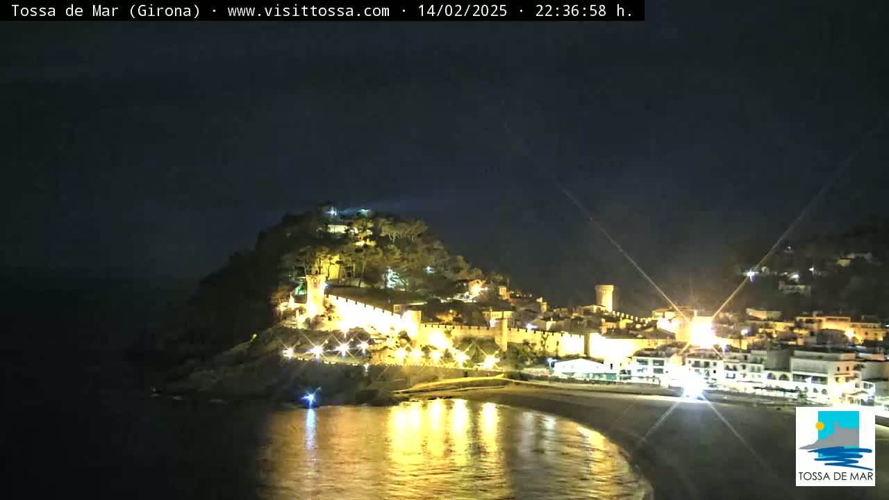 A nighttime coastal town with a medieval walled fortress is illuminated, reflecting in the calm sea.