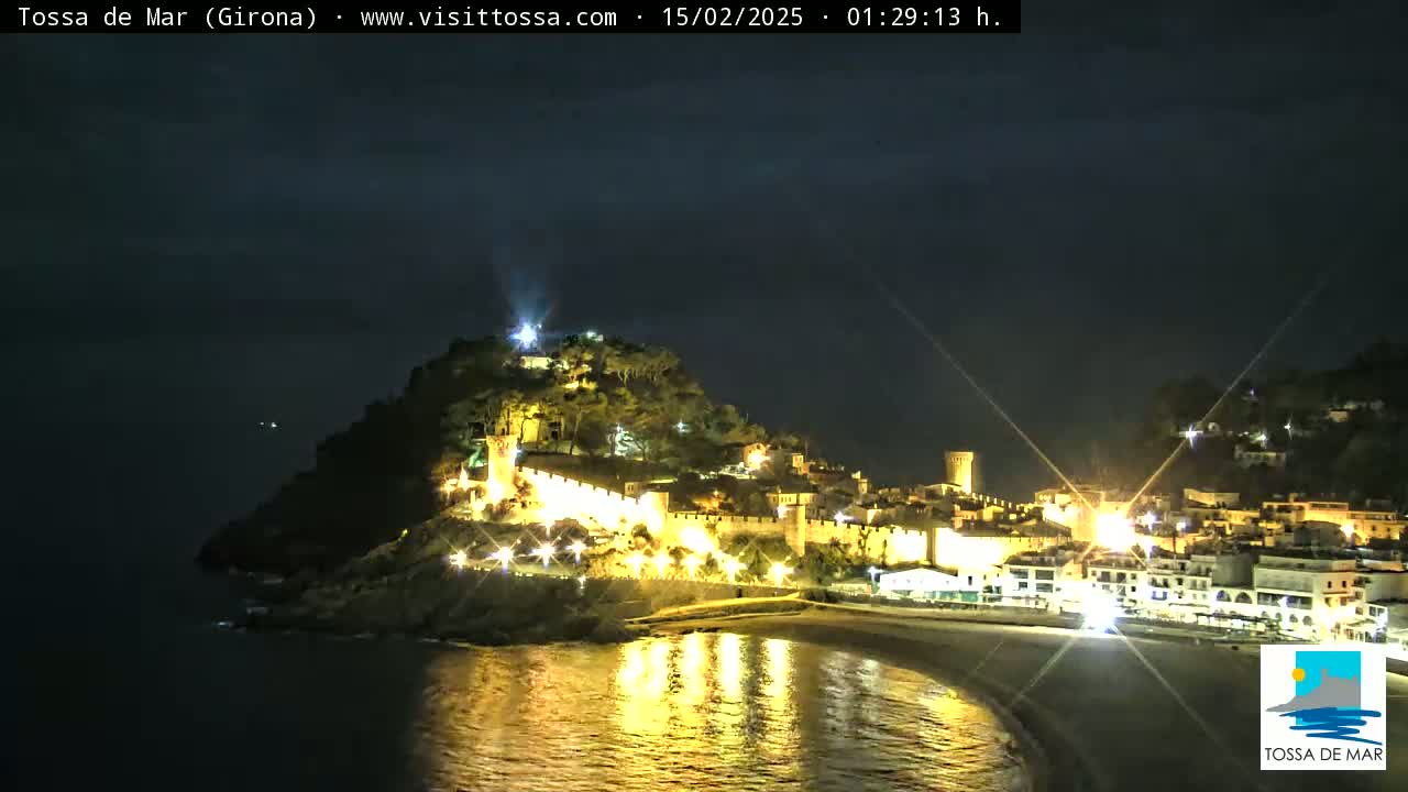 A nighttime coastal town, illuminated, is nestled on a hill overlooking a calm, dark body of water reflecting the town's lights.