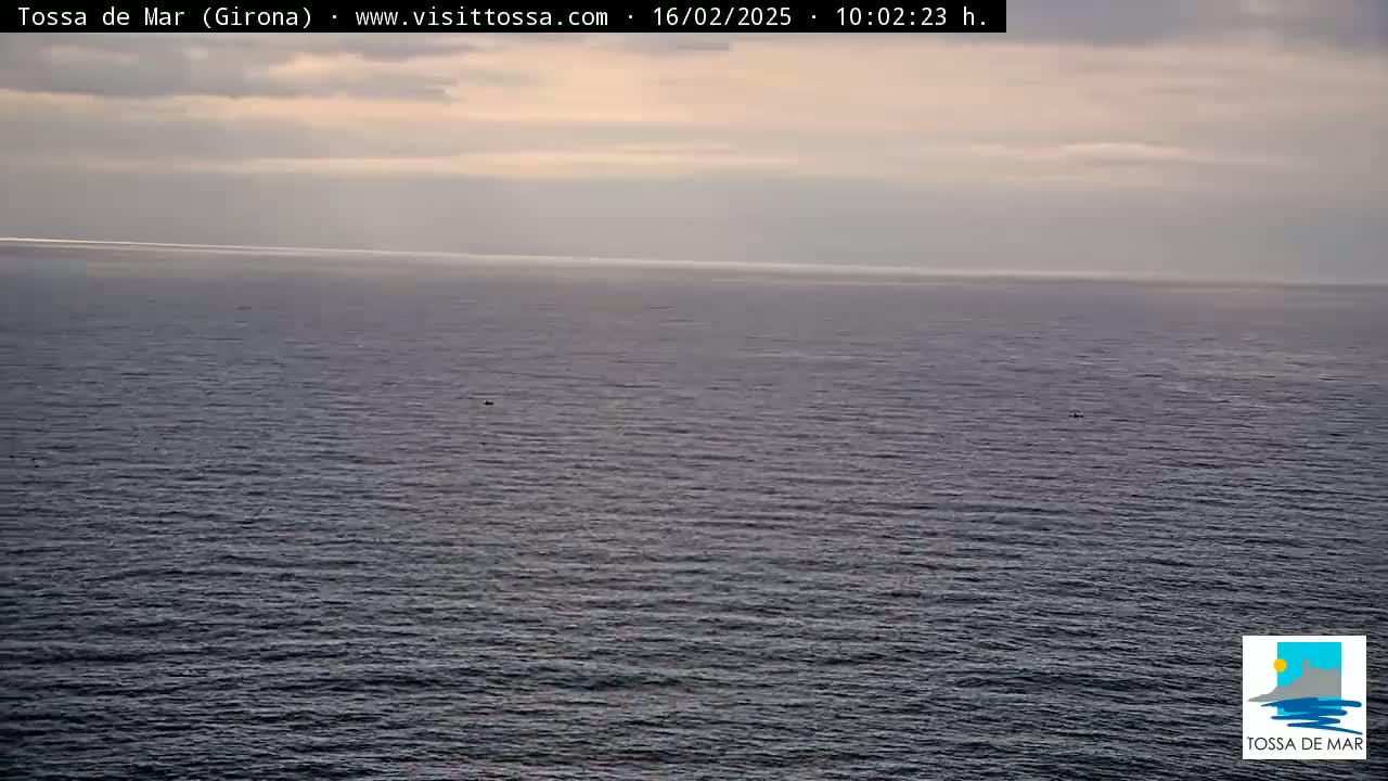 A calm, overcast ocean stretches to the horizon.