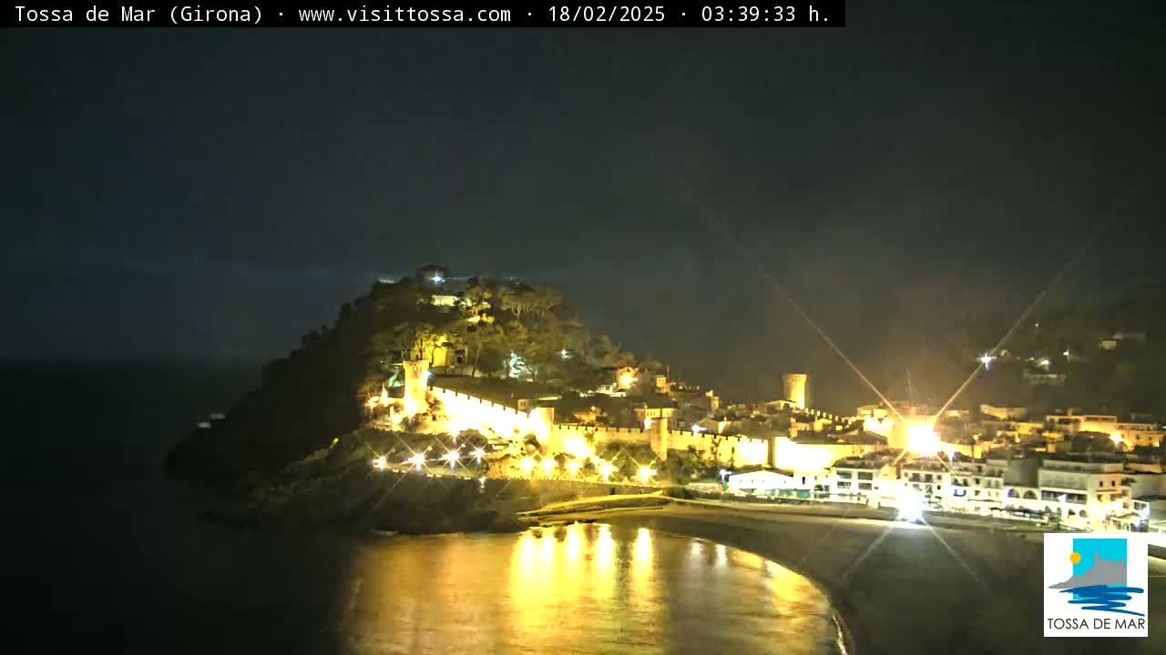 A nighttime view of a coastal town illuminated with lights, situated on a hill overlooking a calm, dark body of water.