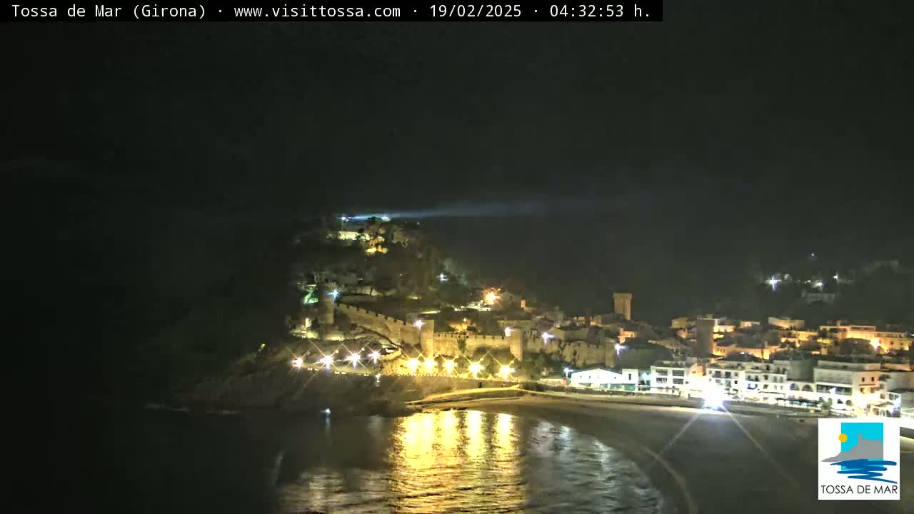 A nighttime coastal town with a walled castle is illuminated, overlooking a calm, dark-colored ocean reflecting the lights.