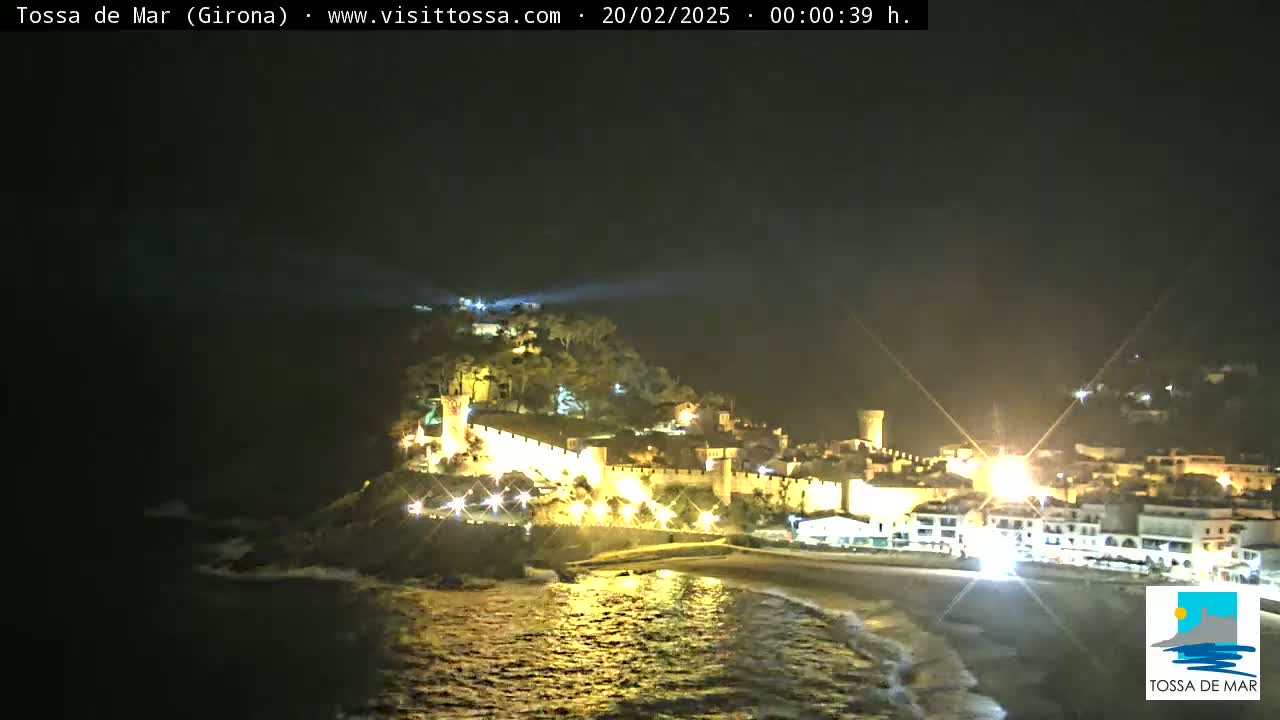 A nighttime coastal scene shows a town illuminated against a dark sky, with gently lapping waves on a beach below a hilltop castle.