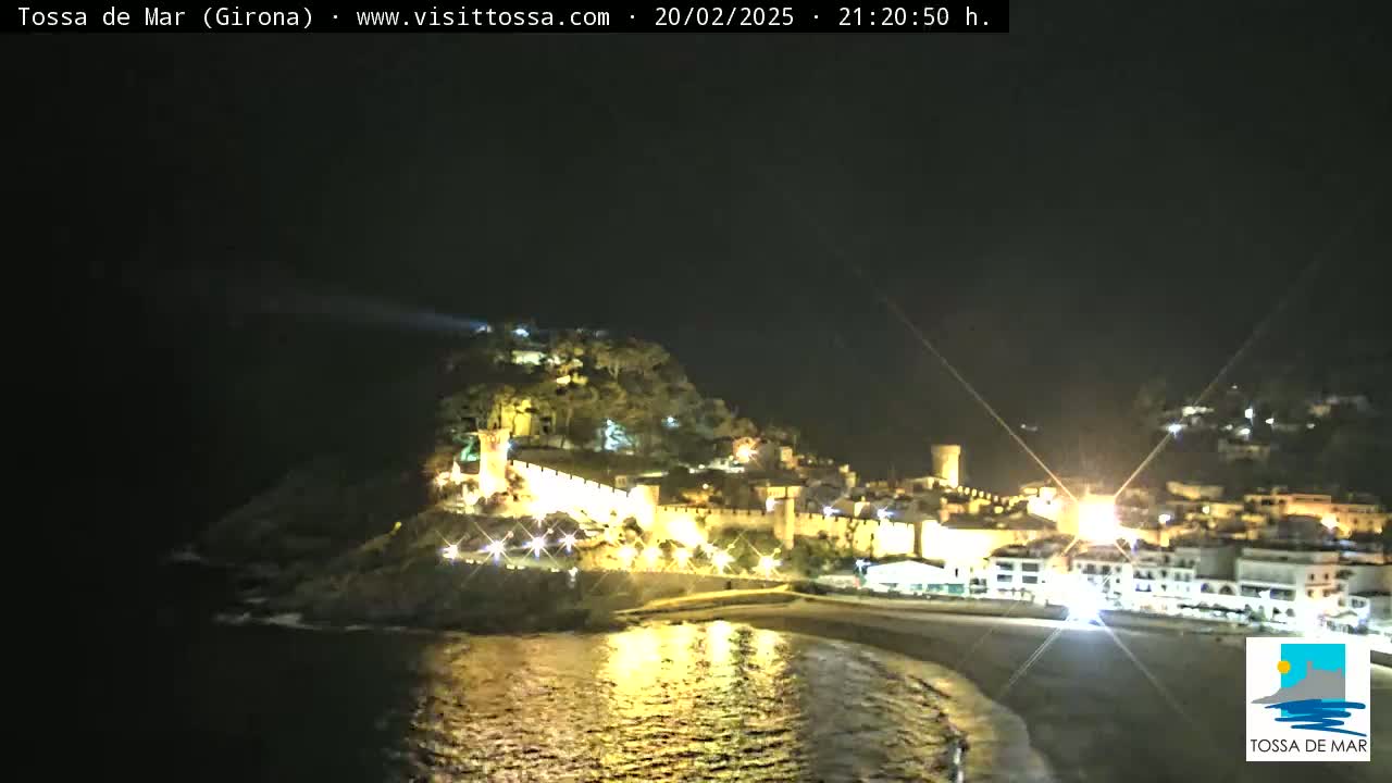 A nighttime coastal town, illuminated with lights, sits on a dark, rocky shoreline next to calm water.