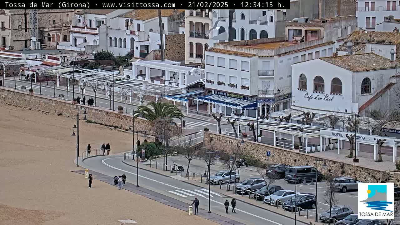 A mostly sunny coastal town scene shows a sandy beach, a paved road with pedestrians and parked cars, and numerous restaurants and hotels along the waterfront.