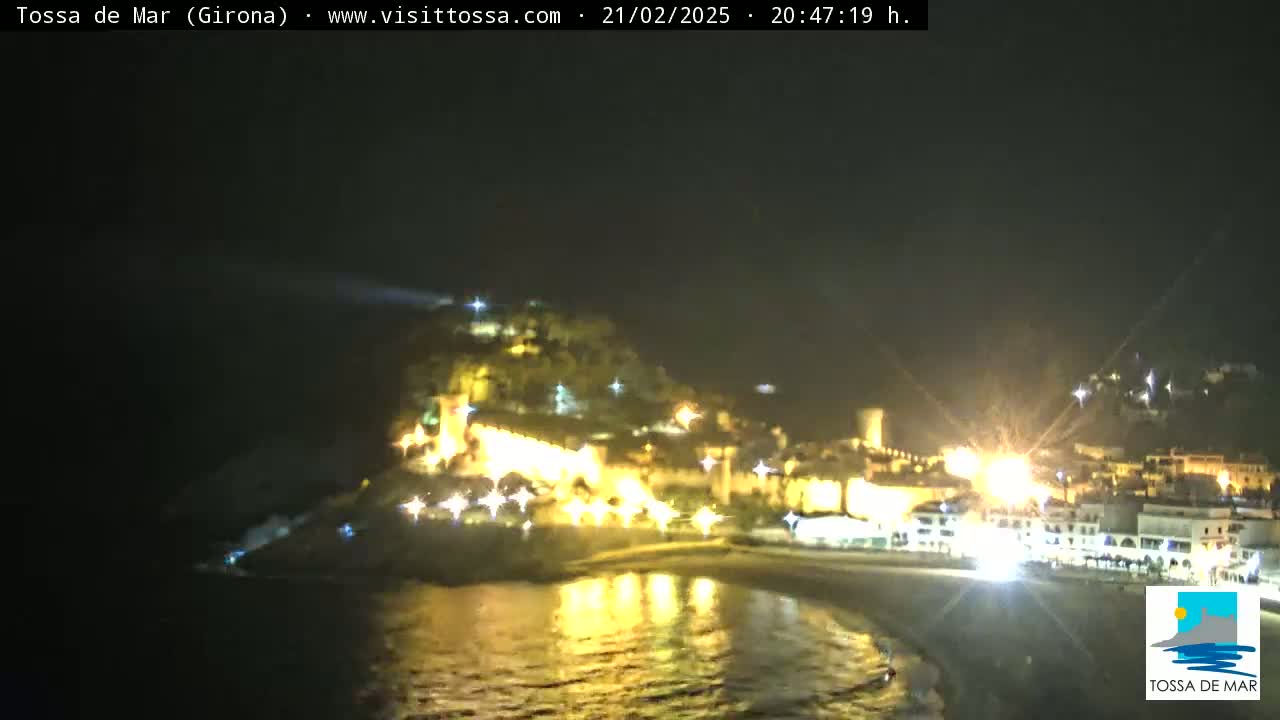 A nighttime view of a brightly lit coastal town nestled on a hill overlooking a calm, dark sea.