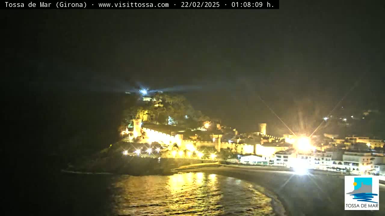 A nighttime view of a coastal town, illuminated with lights, situated on a dark, calm body of water.