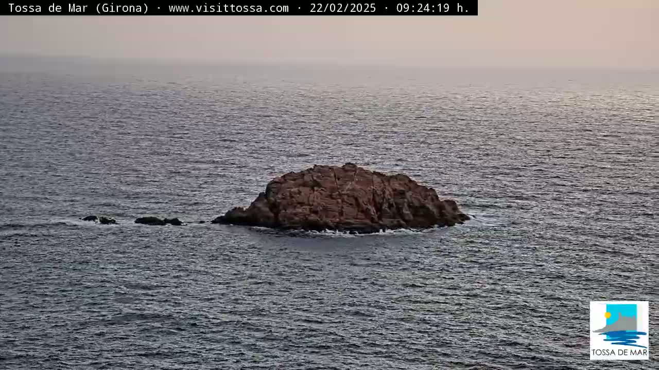 A rocky islet sits in a calm, gray-toned sea under a hazy sky.