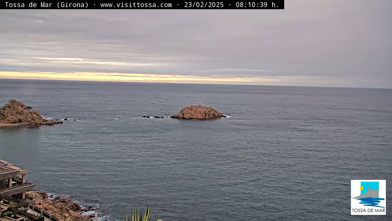 A rocky outcrop sits in calm, dark-grey water under a pale, cloudy sky, with a hint of sunrise or sunset on the horizon.