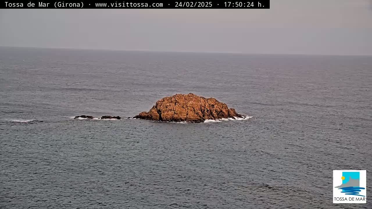 A small, rocky island sits in a calm, gray sea under an overcast sky.