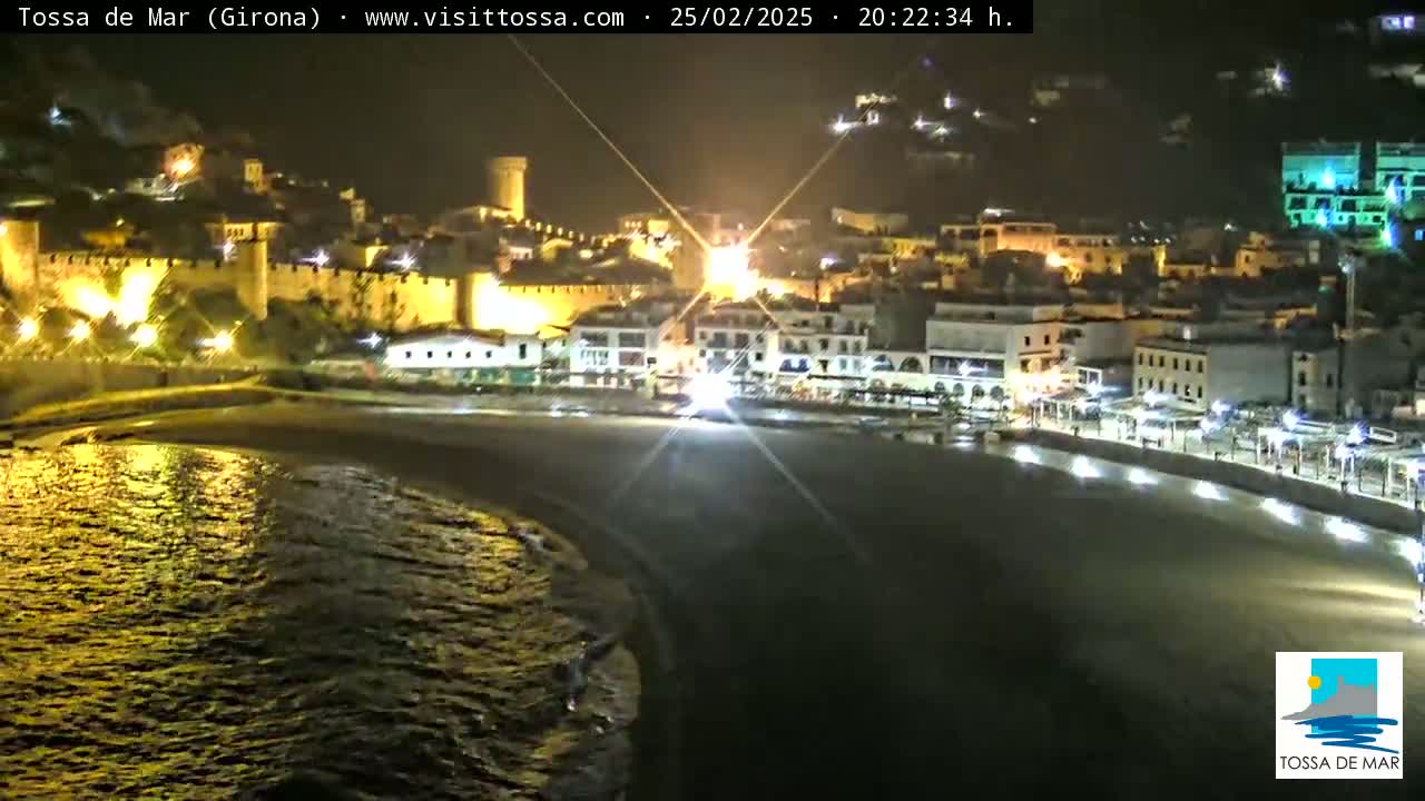 A nighttime view of a coastal town with a castle and illuminated buildings along a beach, with calm water visible.