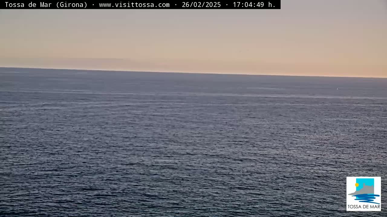 A calm, dark-blue sea stretches to a pale-pink and gray horizon under a twilight sky.