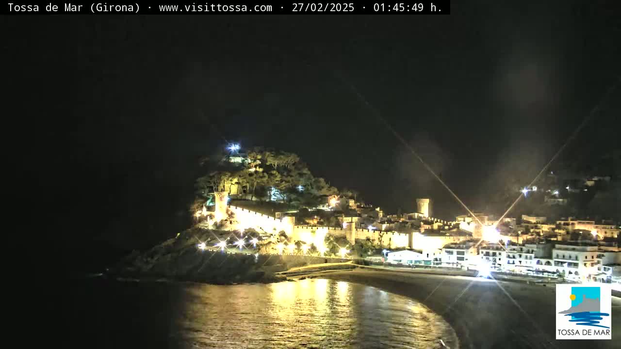 A brightly lit coastal town at night, nestled against a hill, with a calm dark body of water in front.