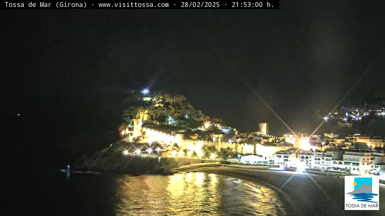 A nighttime view of a coastal town with a hilltop castle illuminated, reflecting in calm water.