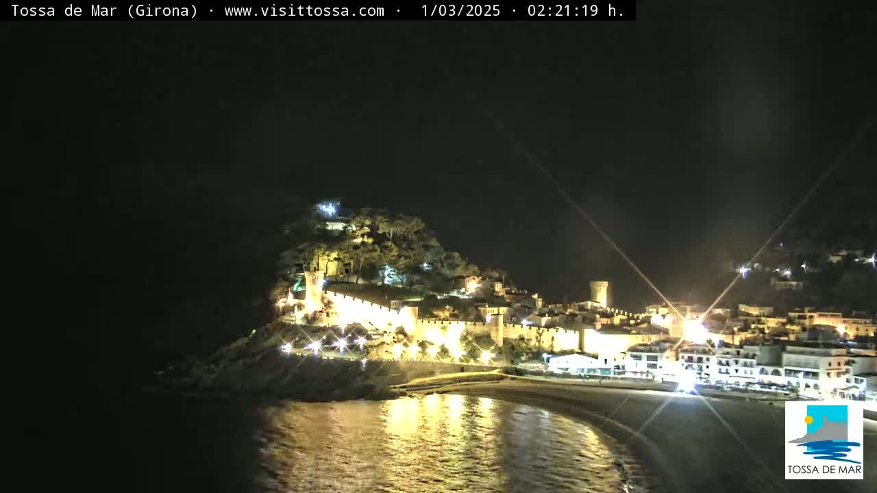 A nighttime view of a coastal town with a walled castle illuminated on a hill overlooking a calm, dark-water beach.