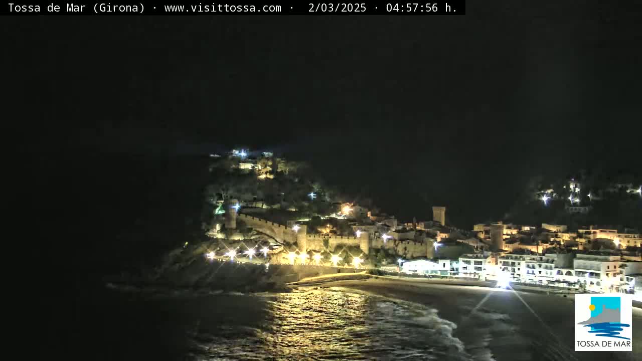 A nighttime view of a coastal town with a medieval castle on a hill overlooking a beach with gently lapping waves.