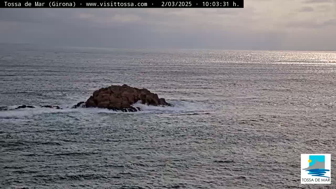 A rocky outcrop is partially submerged in a dark, somewhat choppy sea under a mostly cloudy sky.