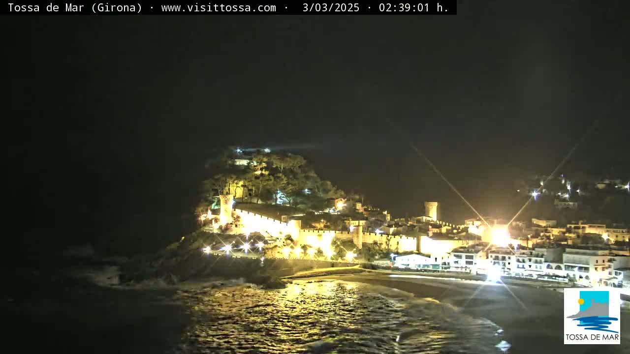 A nighttime coastal town with a walled fortress is illuminated, overlooking a dark ocean with gentle waves.