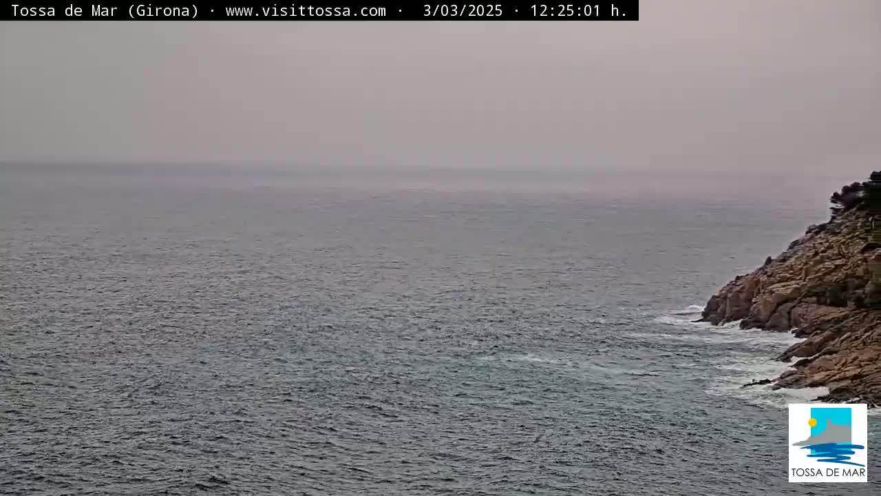 A hazy, overcast day reveals a rocky coastline meeting a choppy sea.