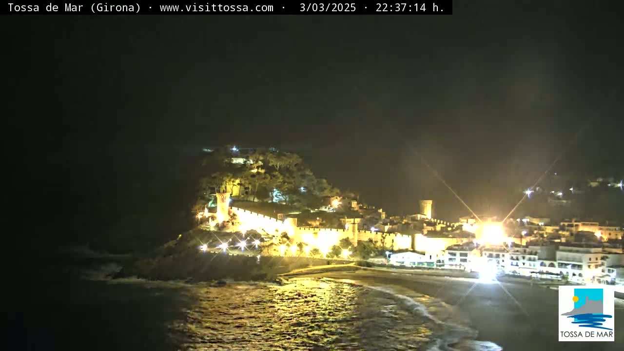 A nighttime coastal town with a walled fortress illuminated, overlooking a dark ocean with gentle waves.