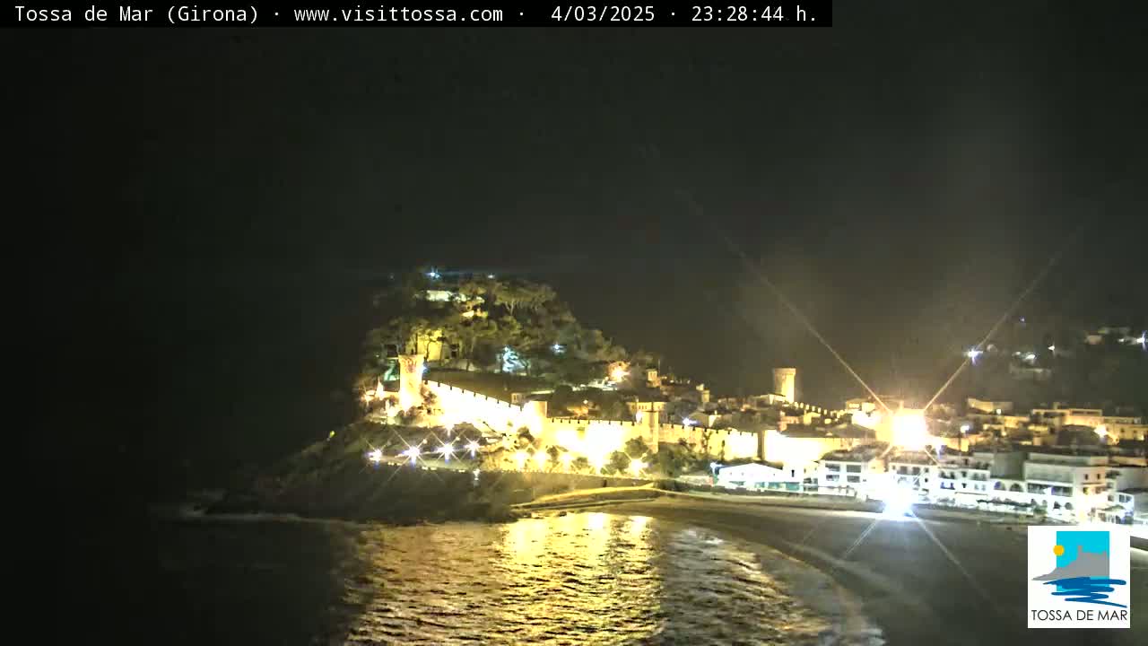 A nighttime coastal town with a walled fortress is illuminated, overlooking a calm, dark body of water.
